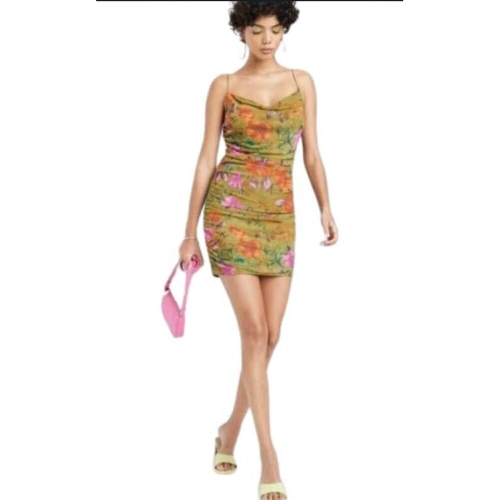 Wild Fable Womens XL Sleeveless Mesh Bodycon Dress Lime Green Floral Lined Sexy